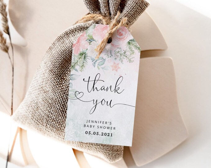 Winter baby shower thank you tag. Blush pink Baby its cold outside favor tag template.  Editable pink winter favor tag #wb5