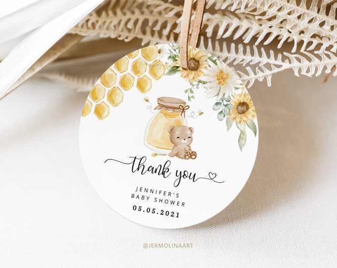 Honey bear thank you sticker template. Sunflower honeycombs round favor tag template. Watercolor sunflower Circle Sticker Template #hb1