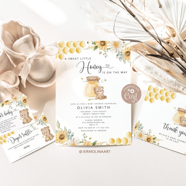Honey bear baby shower Invitation bundle. Sunflower bee baby shower invitation. Honey baby shower printable pack #hb1
