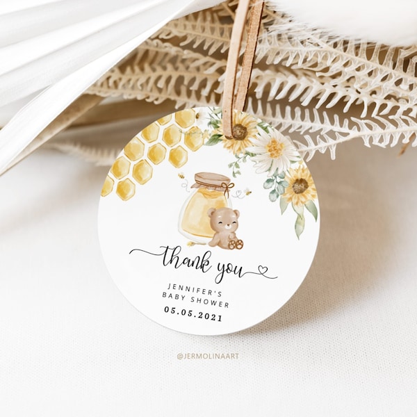 Honey bear thank you sticker template. Sunflower honeycombs round favor tag template. Watercolor sunflower Circle Sticker Template #hb1