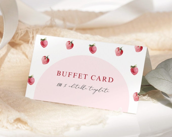 Strawberry buffet card template. Berry first birthday food label template. Strawberry Food tent labels. Editable Buffet Table Cards #ber1