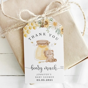 Merci beaucoup tag. Modèle d’étiquette de faveur d’ours de miel.  Balise de faveur Bear modifiable. Sunflower bee baby shower favor tag #hb1