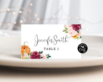 Burgundy Place Cards Template. Fall pumpkin Printable Place Card. Wedding Name Cards  Editable Corjl template #p2