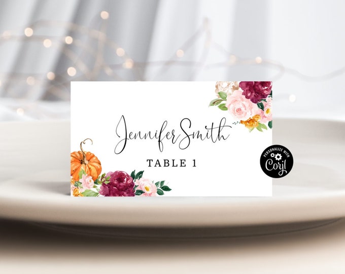 Burgundy Place Cards Template. Fall pumpkin Printable Place Card. Wedding Name Cards  Editable Corjl template #p2