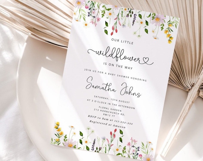 Wildflower Baby Shower Invitation template.  Watercolor little wildflower Baby Shower Invitation. Corjl editable template #wl1