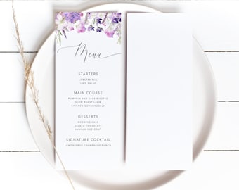 Lilac, lavender menu card template, Purple bridal shower menu template  Corjl template #09