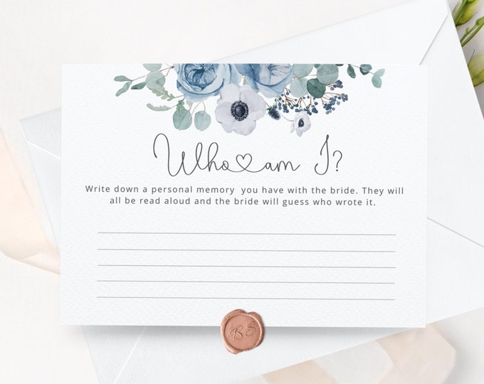 Dusty blue Favourite Memory With the Bride game. Floral Bridal Shower game. Dusty blue Who am I bridal shower game #dus