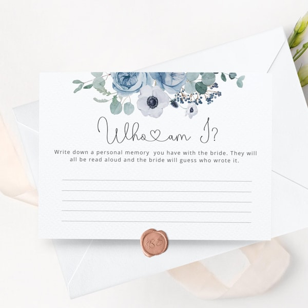 Dusty blue Favourite Memory With the Bride game. Floral Bridal Shower game. Dusty blue Who am I bridal shower game #dus