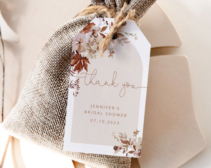 Boho fall favor tag. Fall arch Bridal shower thank you tag. Minimalist boho thank you tag template #17