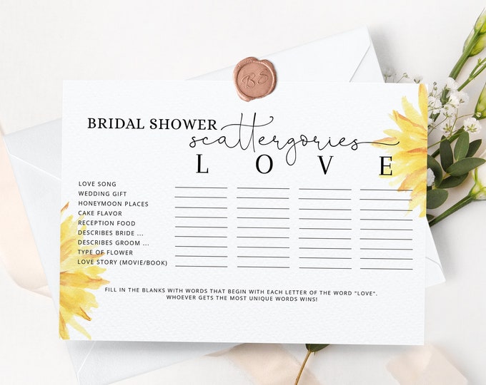 Sunflower Bridal Shower Scattergories game. Sunflower Bridal Shower Games Printables. Bohemian Scattergories Game. Instant Download #sun1