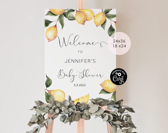 Lemon baby shower welcome sign. Editable citrus welcome sign. Mama's main squeeze baby shower welcome sign template #lm1