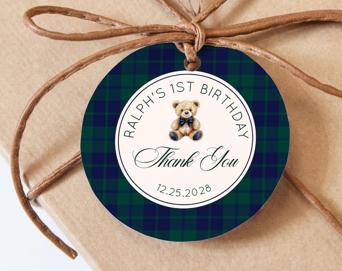 Classic Teddy Bear Birthday Round Thank you tag | Plaid Corjl editable template #pbe1