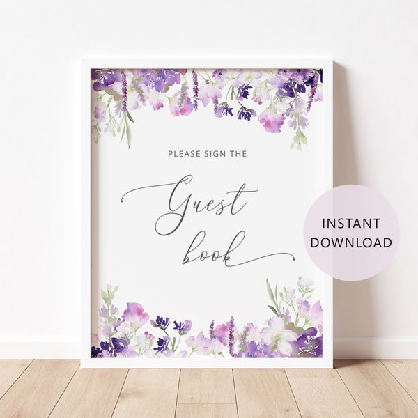 Lavender Guest book Sign. Wildflowers purple Guest book Sign. Guest Book Sign. Printable lilac guest book sign. Instant Download #09