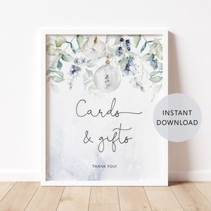 Cartes et cadeaux d'hiver Connectez-vous en 2 tailles. Eucalyptus baby shower Cards & Gifts Sign. Décoration de douche de bébé enneigée. Téléchargement instantané #wb3