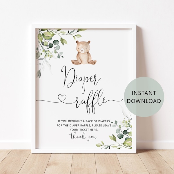 Bear diaper raffle sign. We can bearly wait baby shower.  Eucalyptus diaper raffle sign. Instant Download #w5