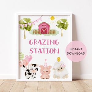 Farm grazing station sign.  Pink Farm Animals Grazing Station food party sign. Pink Barnyard Farm Table Decor #f1