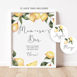 Lemon Mom-osa Bar Sign, Lemon fruit Bubbly Bar Sign. Main squeeze Baby Shower Decoration, Mom-osa bar juice tags #lm1