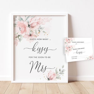 Floral Guess How Many Kisses. Blush floral Bridal Shower Guessing Games. Guess How Many Kisses for the Mrs Instant download #03