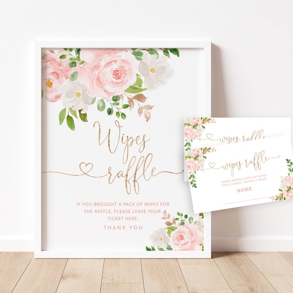 Blush floral wipes raffle sign.  Roses wipes raffle baby shower game Instant Download #fl1