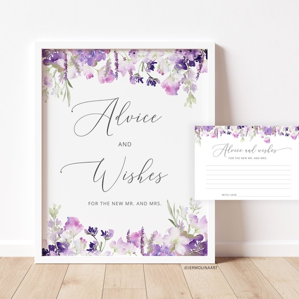 Purple Advice and Wishes for the Newlyweds.  Wildflowers Advice for Bride & Groom Game. Lilac Wedding advice card Instant Download #09