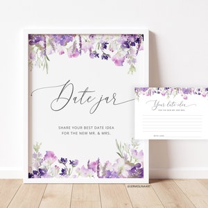 Juego de tarros de citas con flores silvestres de color púrpura. Signo de tarro de fecha lila, tarjetas de ideas de fecha. Juegos de despedida de soltera con cita floral nocturna #09