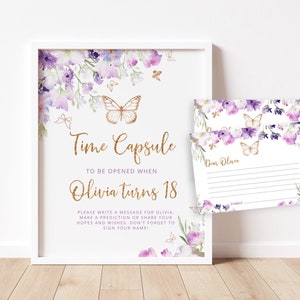 Butterfly Time Capsule Sign y tarjeta de mensaje. Flores silvestres púrpura Primer cumpleaños Time Capsule Signo con tarjeta de mensaje coincidente # 06