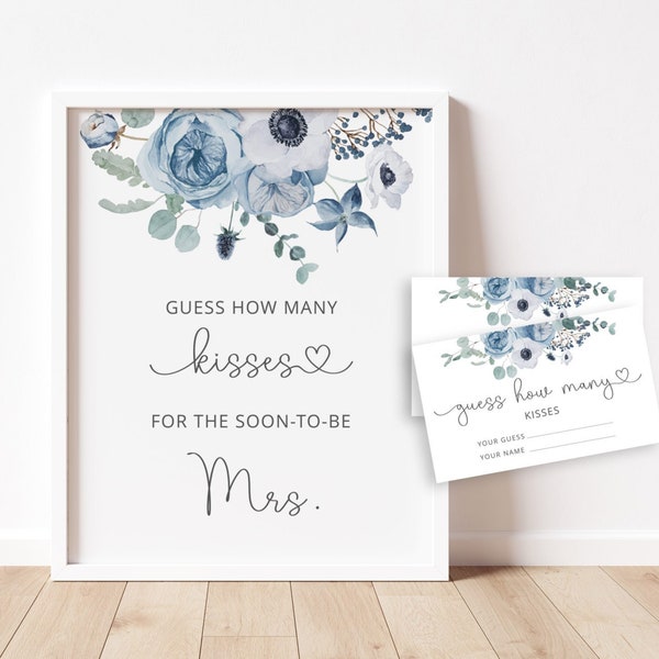 Dusty blue Guess How Many Kisses bridal game. Dusty blue floral Bridal Shower Guessing Games Instant download #dus