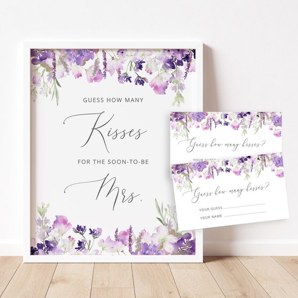 Purple Guess How Many Kisses. Wildflowers lavender Bridal Shower Game.  Wildflowers Guess How Many Kisses for the Mrs Instant download #09