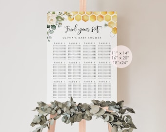 Bee seating chart template. Floral Honey bee editable seating chart sign. Bee find your seat sign. Instant download. Corjl Printable #bee3