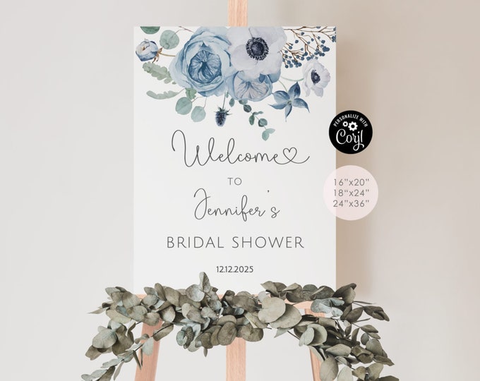 Dusty blue bridal shower welcome sign. Winter editable welcome sign. Floral dusty blue welcome sign  Corjl Printable, Instant Download #dus