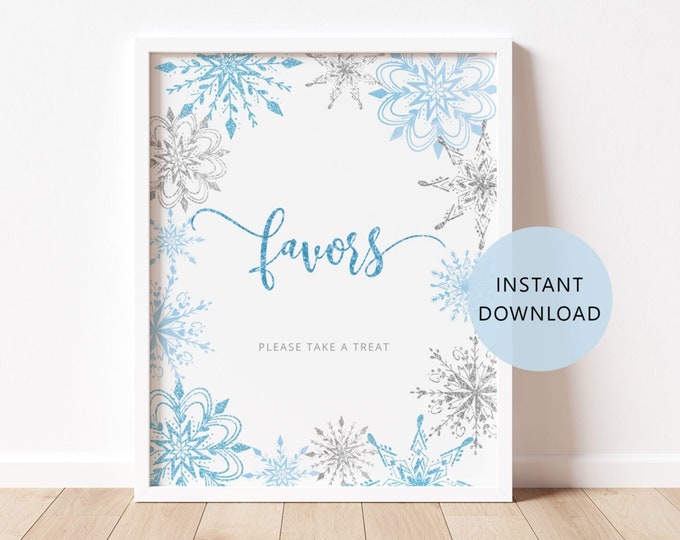 Favors please take one Sign. Blue silver snowflakes favors sign. Snowy baby shower decoration. Instant Download #sn2