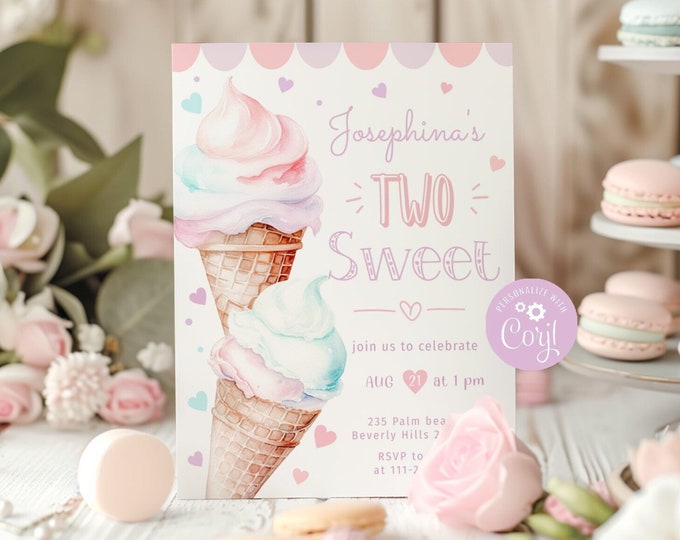 Two sweet ice cream birthday invite. Pastel Ice Cream 2nd birthday invitation. Two sweet birthday invitation. Corjl template #ice1