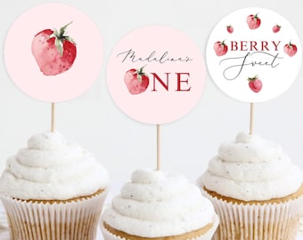 Strawberry First Birthday Cupcake Toppers (Digital Template) #ber1