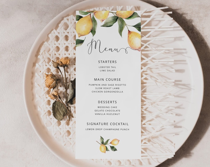 Lemon Wedding Menu Card. Elegant lemons menu card template.  Lemon breakfast menu card. Corjl template #lm1