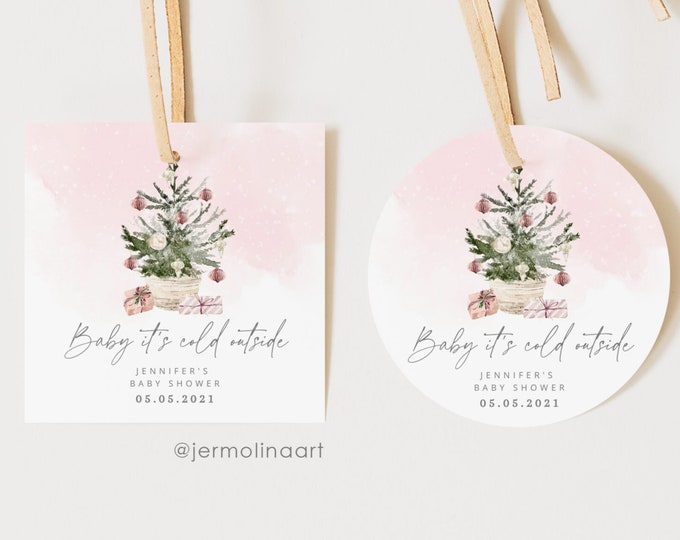 Evergreen Coffee cup sticker template. Evergreen Baby its cold outside favor tag template  #ad7