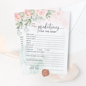 Tarjeta de predicciones para bebés con copos de nieve ruborizados. Juego de baby shower de invierno. Predicciones de invierno para tarjeta de bebé. Descarga instantánea #wb5