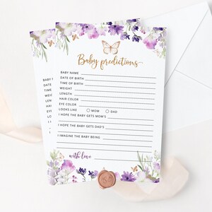 Paarse baby shower voorspellingen kaart. Lavendel gouden vlinder Babyvoorspellingskaart. Vlinderkussen babyshowerspellen. Direct downloaden #06