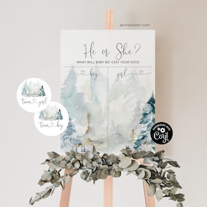 May include: A gender reveal party sign with a watercolor background of a winter forest scene. The sign says "He or She? What will baby be? Cast your vote!" with a heart and the words "boy" and "girl" on either side. There are two round stickers with a winter forest scene and the words "Team Girl" and "Team Boy".