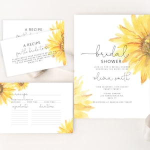 Modèle d’invitation à la douche nuptiale de tournesol et carte de recette. Aquarelle de tournesol jaune Douche nuptiale, carte de recette de douche nuptiale. #SUN1