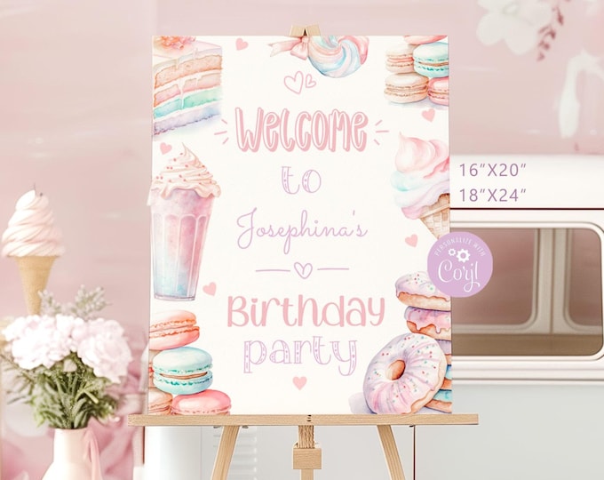 Sweet birthday party welcome sign.  Sweet pastel ice cream macarons welcome sign template. Editable sweets welcome sign template #ice1