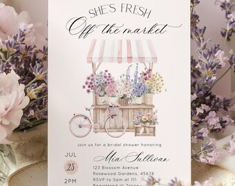 She's fresh off the market Bridal Shower Invitation | Flower Cart Provence Corjl Template #of1