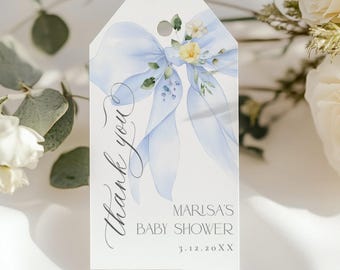 Blue Bow Baby Shower Favor Tag Template (Corjl Editable) #bow4