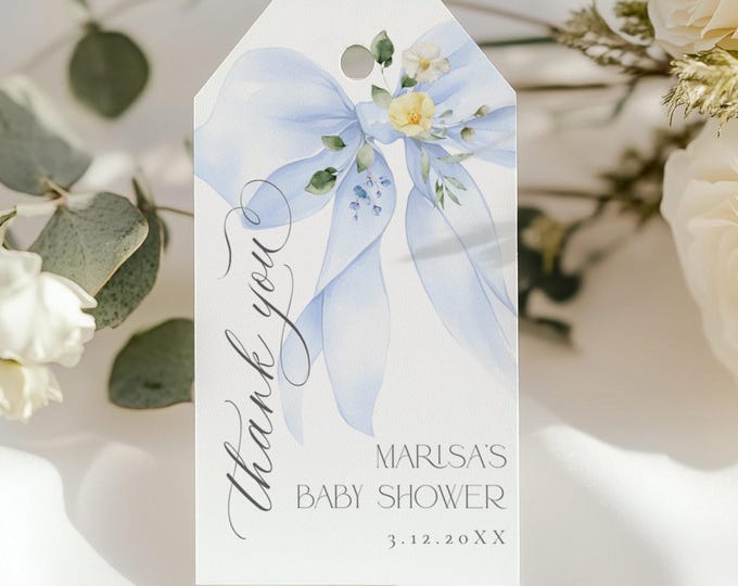 Editable Blue Bow baby shower favor tag template. Floral Baby in Bloom Thank you tag. Bue bow favor tag Corjl template #bow4