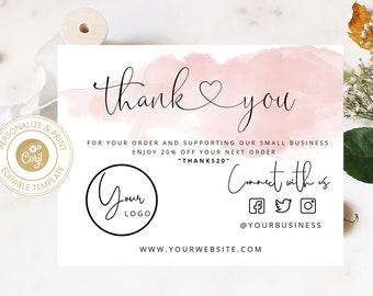 Editable Thank You card for small business. Thank You Package Insert. Thank you for order card. Corjl Printable, Editable Instant Download.