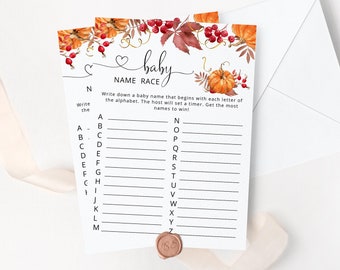 Baby name race Baby Shower Game. Pumpkin baby name race game. Guessing Game. Fall Baby Shower Game. Instant Download #p1