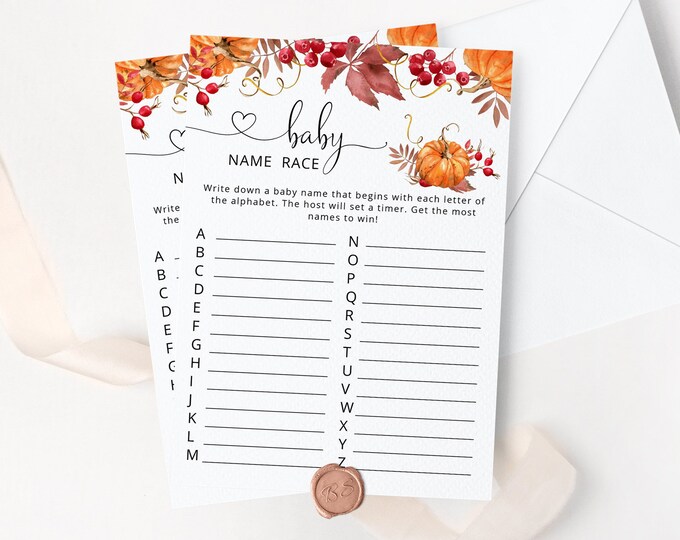Baby name race Baby Shower Game. Pumpkin baby name race game. Guessing Game. Fall Baby Shower Game. Instant Download #p1