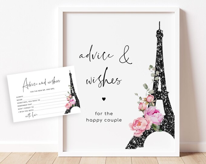 Eiffel tower Advice and Wishes for the Newlyweds.  Elegant minimalist Paris Advice for Bride & Groom Game Instant Download #par1