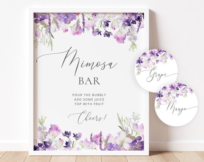 Lilac Mimosa Bar Sign, Wildflowers Mimosa Bar Printable, Purple Bubbly Bar Sign. Lavender mimosa bar juice tags #09