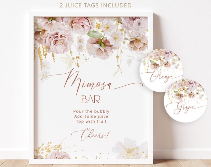 Boho garden Mimosa Bar Sign, Floral Mimosa Bar Printable, Bubbly Bar Sign, boho mimosa bar juice tags #gar1