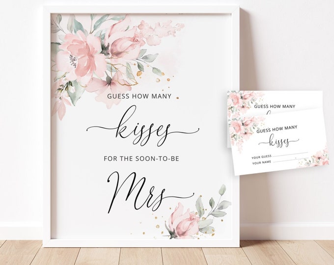 Floral Guess How Many Kisses. Blush floral Bridal Shower Guessing Games. Guess How Many Kisses for the Mrs Instant download #03
